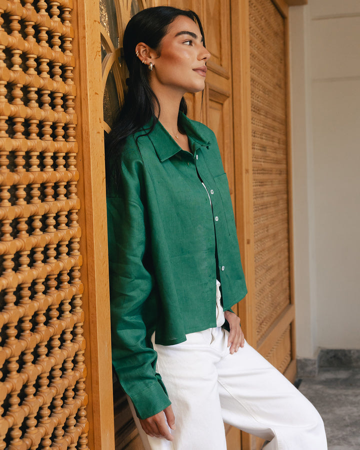 Hi-low hem linen shirt in green