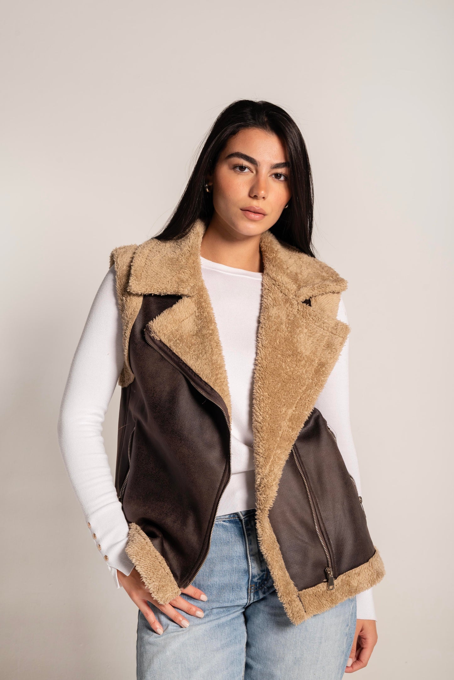 Faux Shearling Vest In Brown