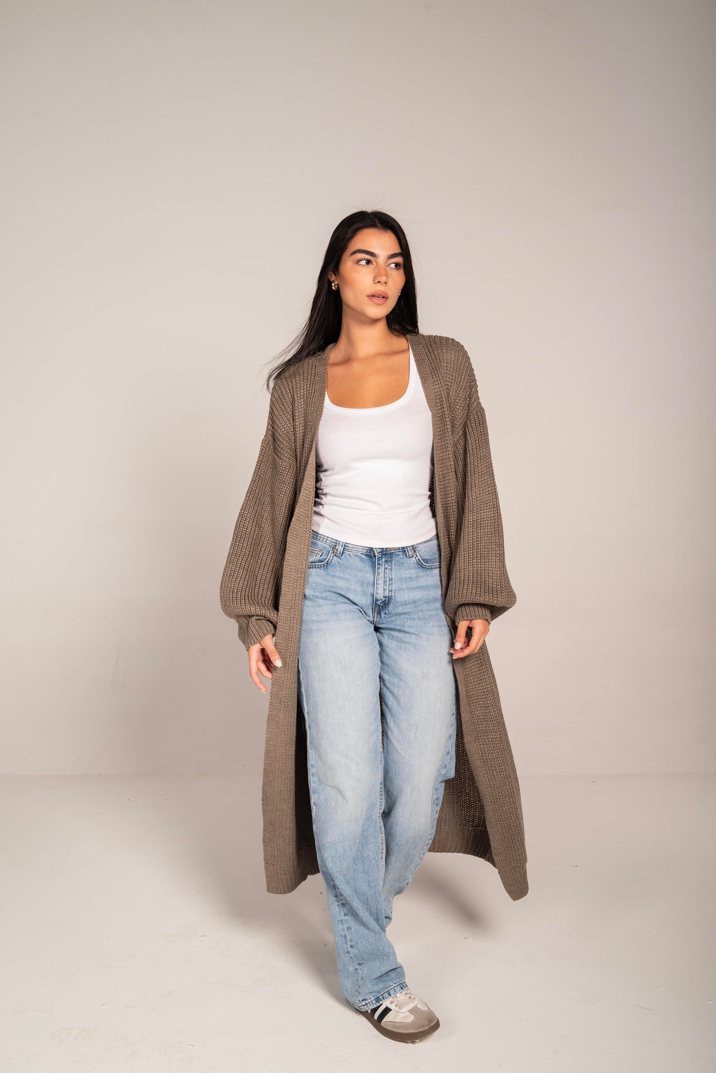 The Cozy Long Knit Cardigan in greige