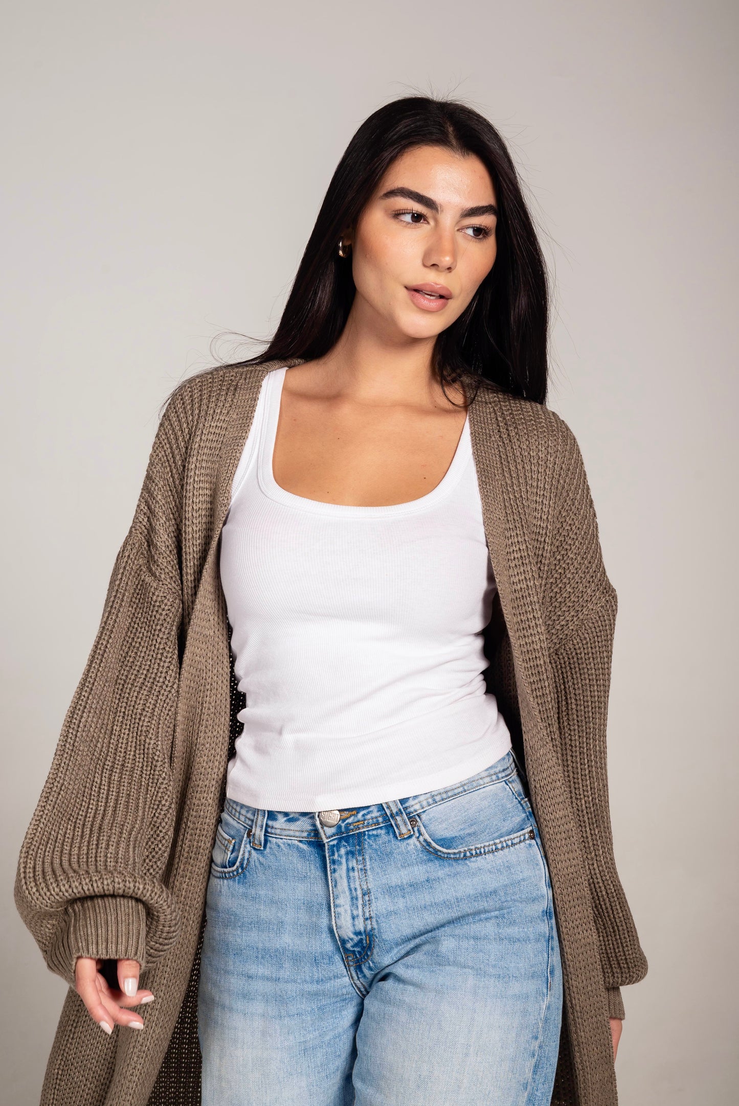 The Cozy Long Knit Cardigan in greige