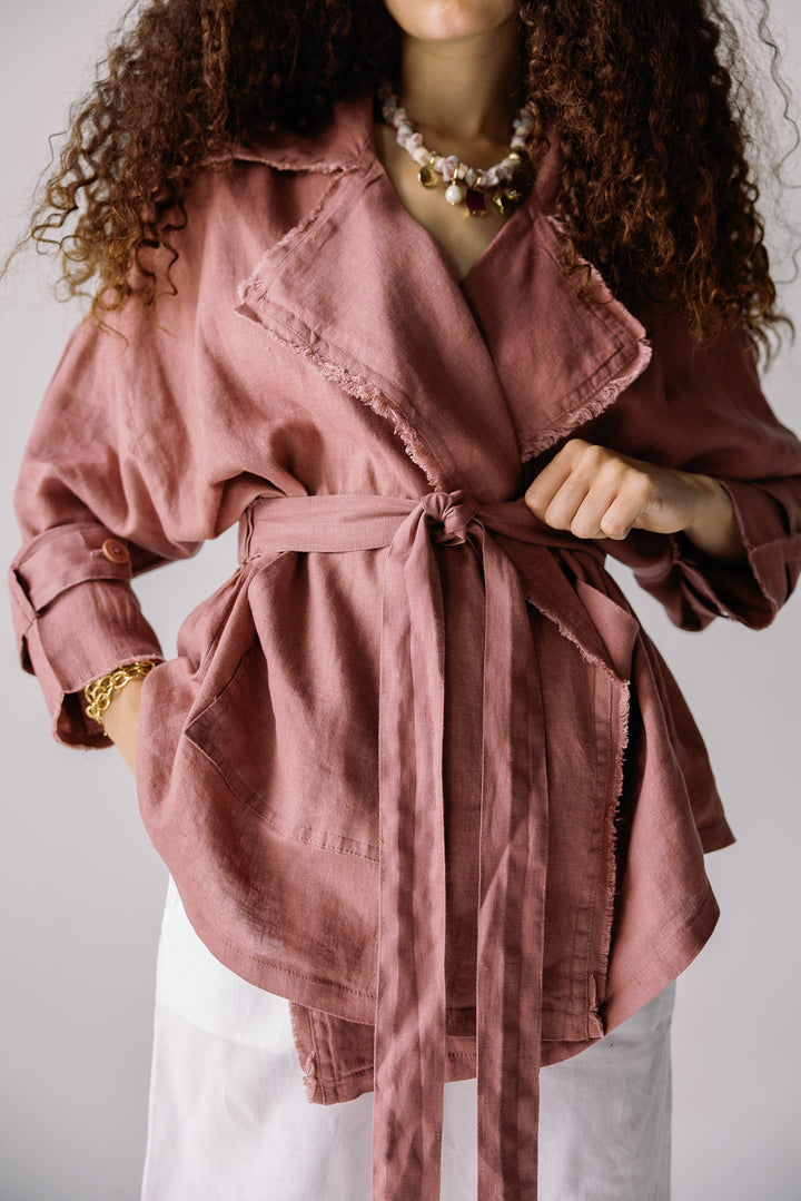 Raw linen cardigan in dusty rose