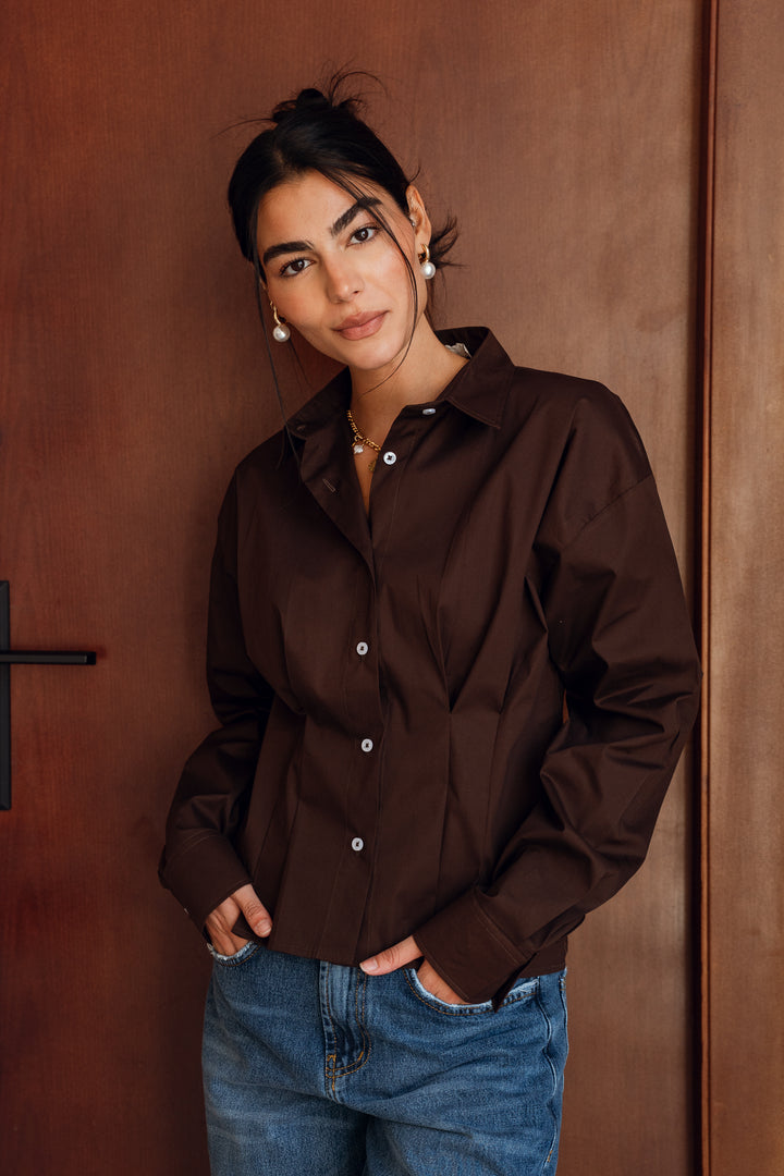 Popline flare shirt in brown