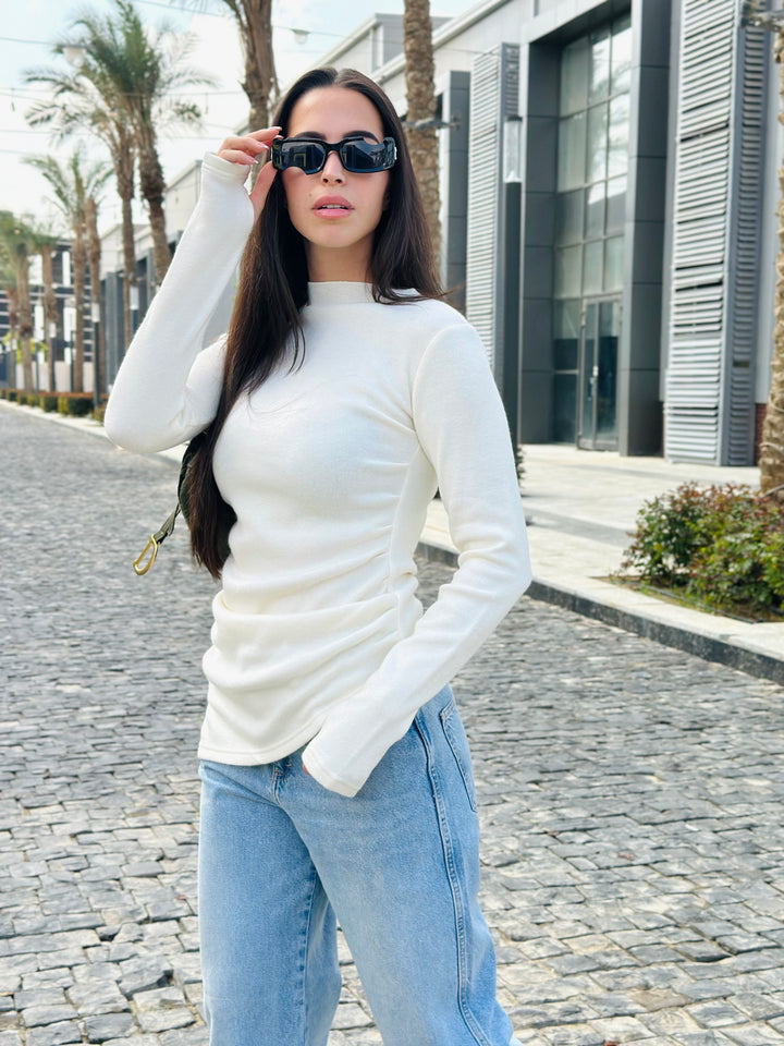 The Draped Soft Knit Top in off-white