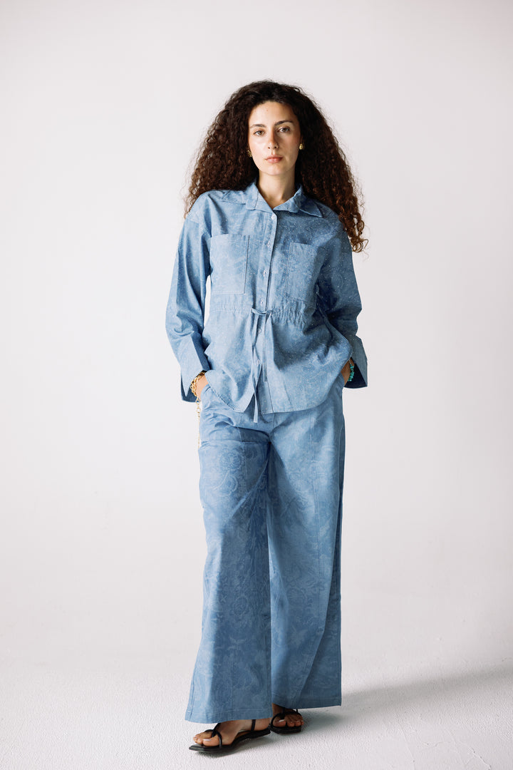 Studed denim set light blue
