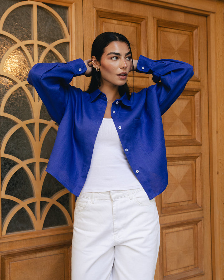 Hi-low hem linen shirt in royal-blue
