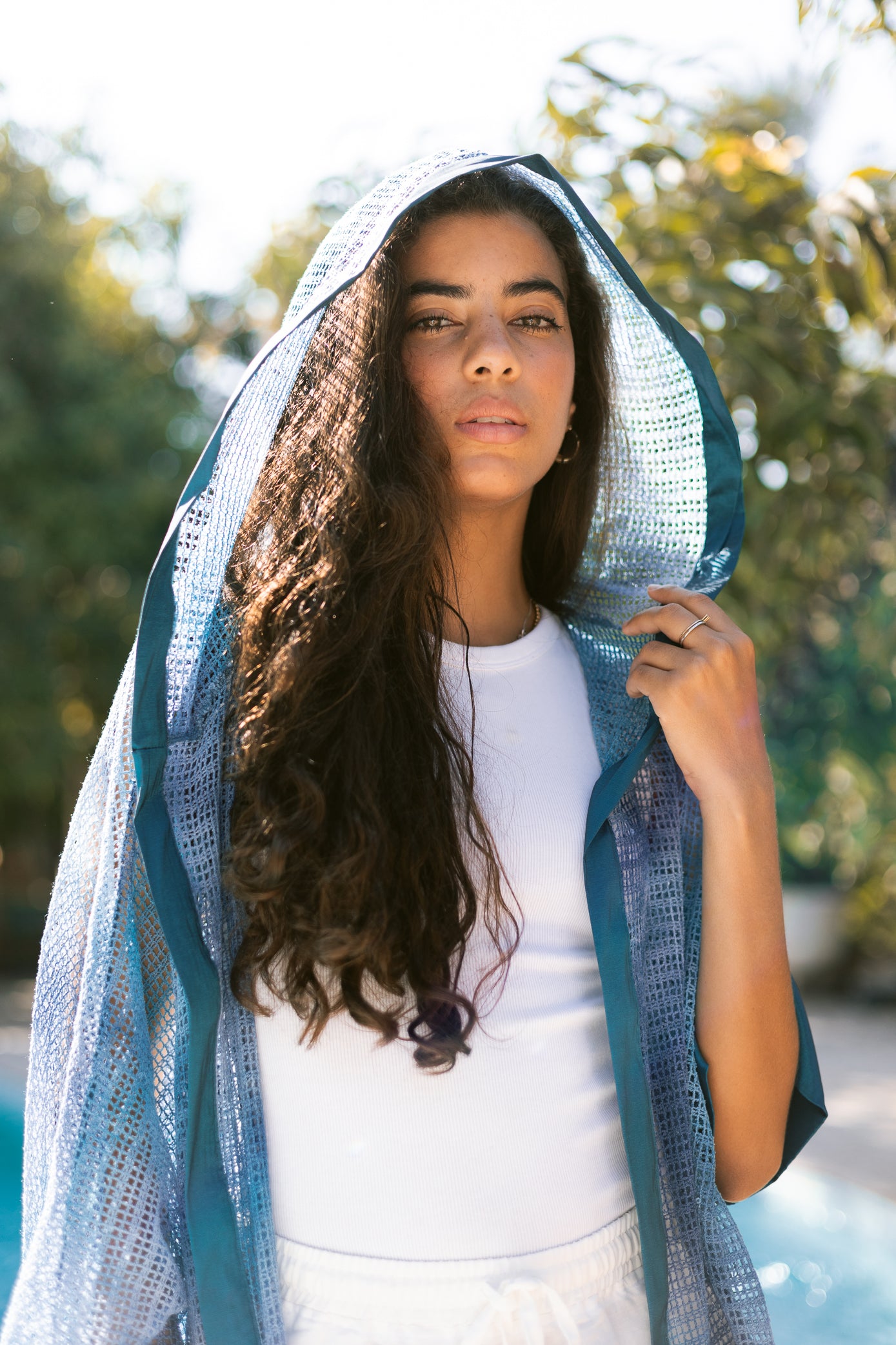 MeshXTaffeta cardigan in teal