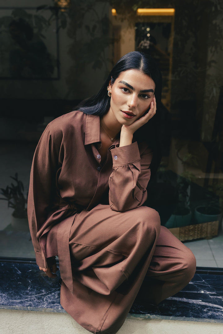 Duo linen set in caramel-brown