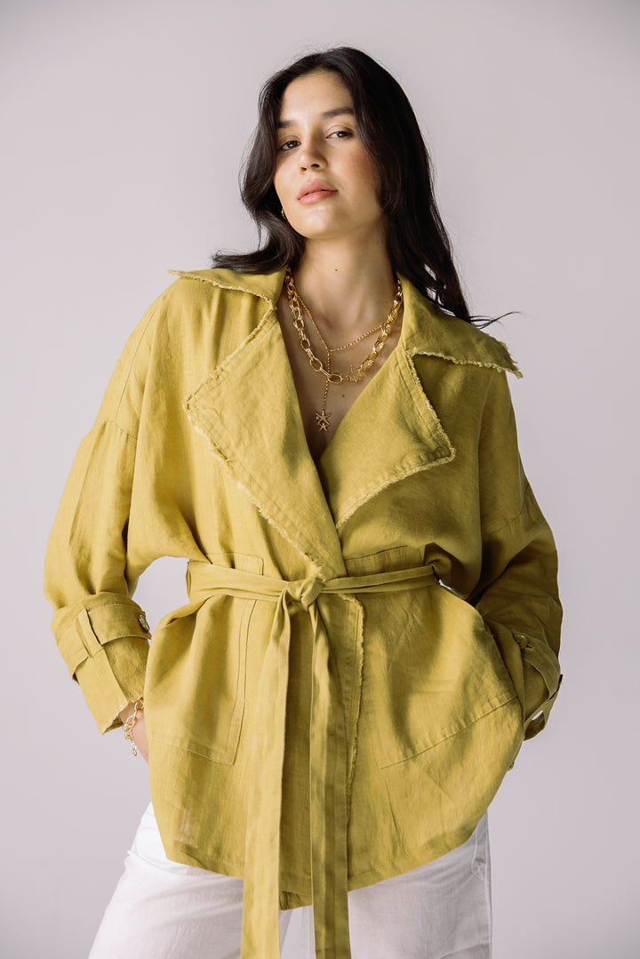 Raw linen cardigan in lime