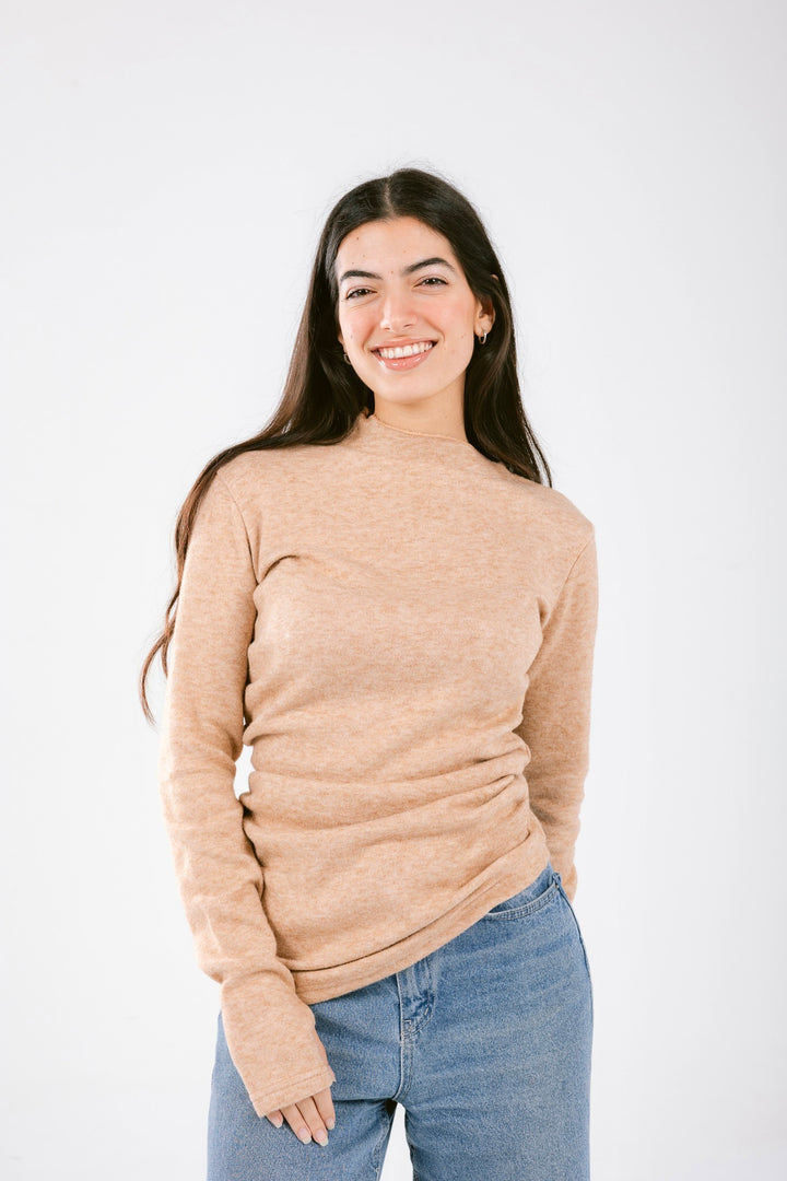 The Draped Soft Knit Top in Camel