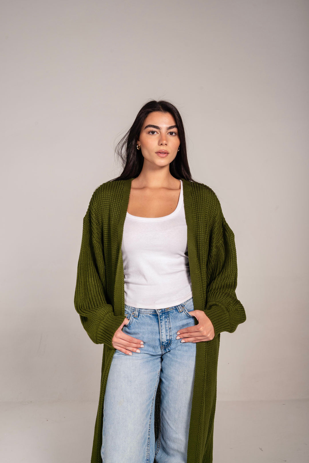 The Cozy Long Knit Cardigan in Olive