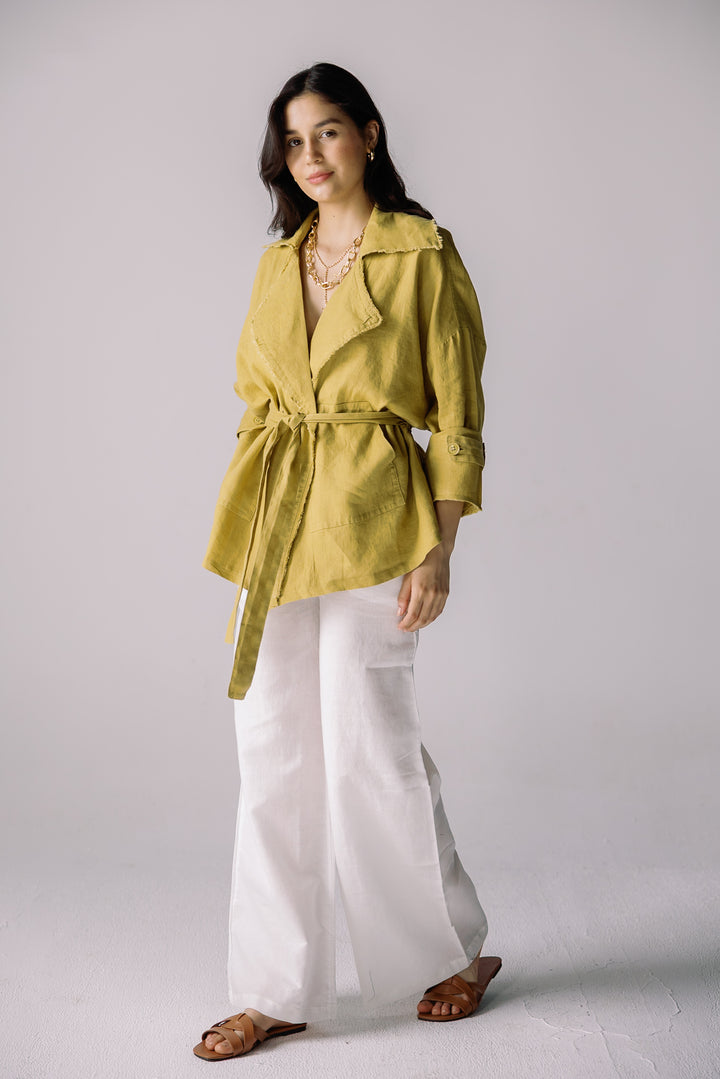 Raw linen cardigan in lime