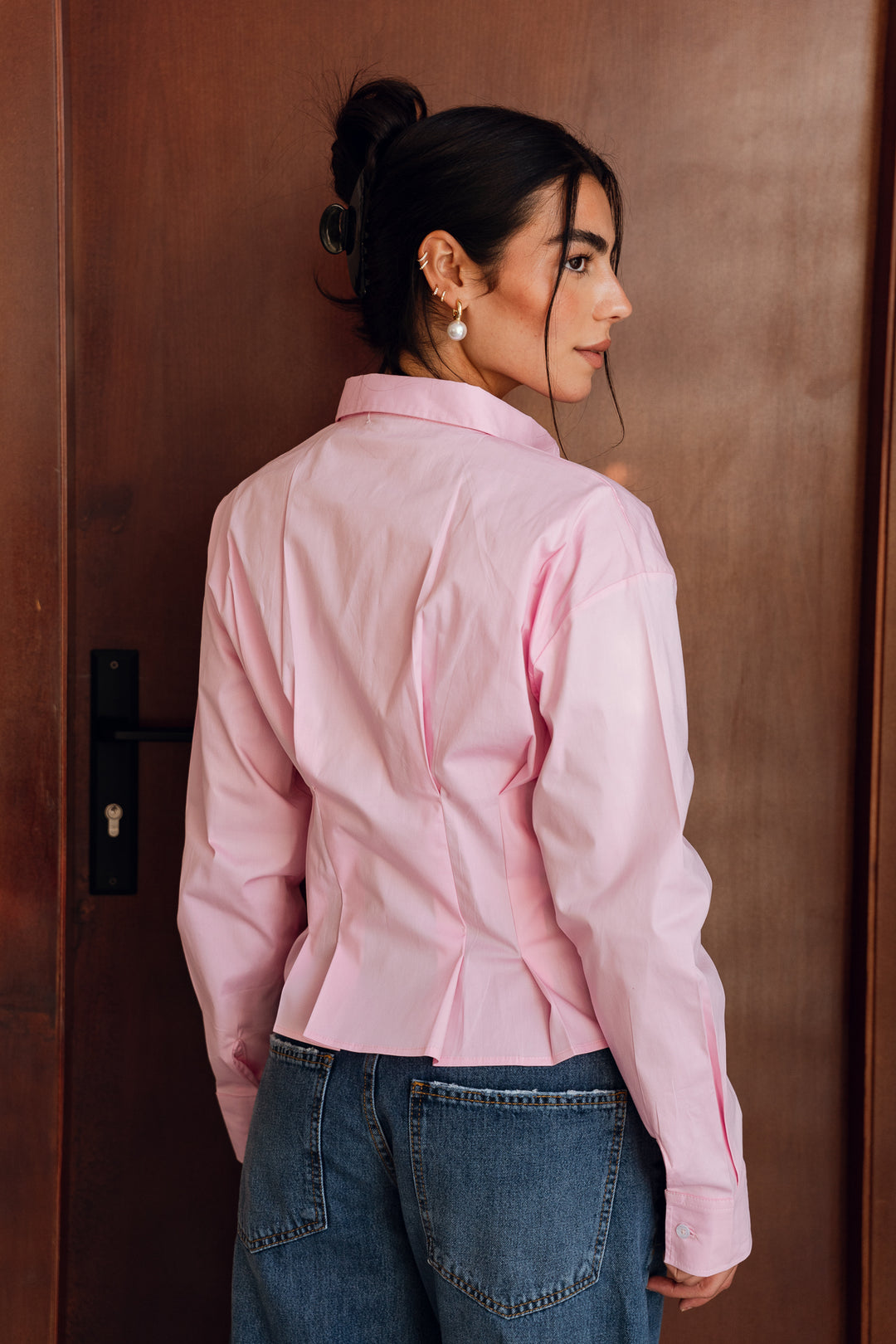 Popline flare shirt in pink
