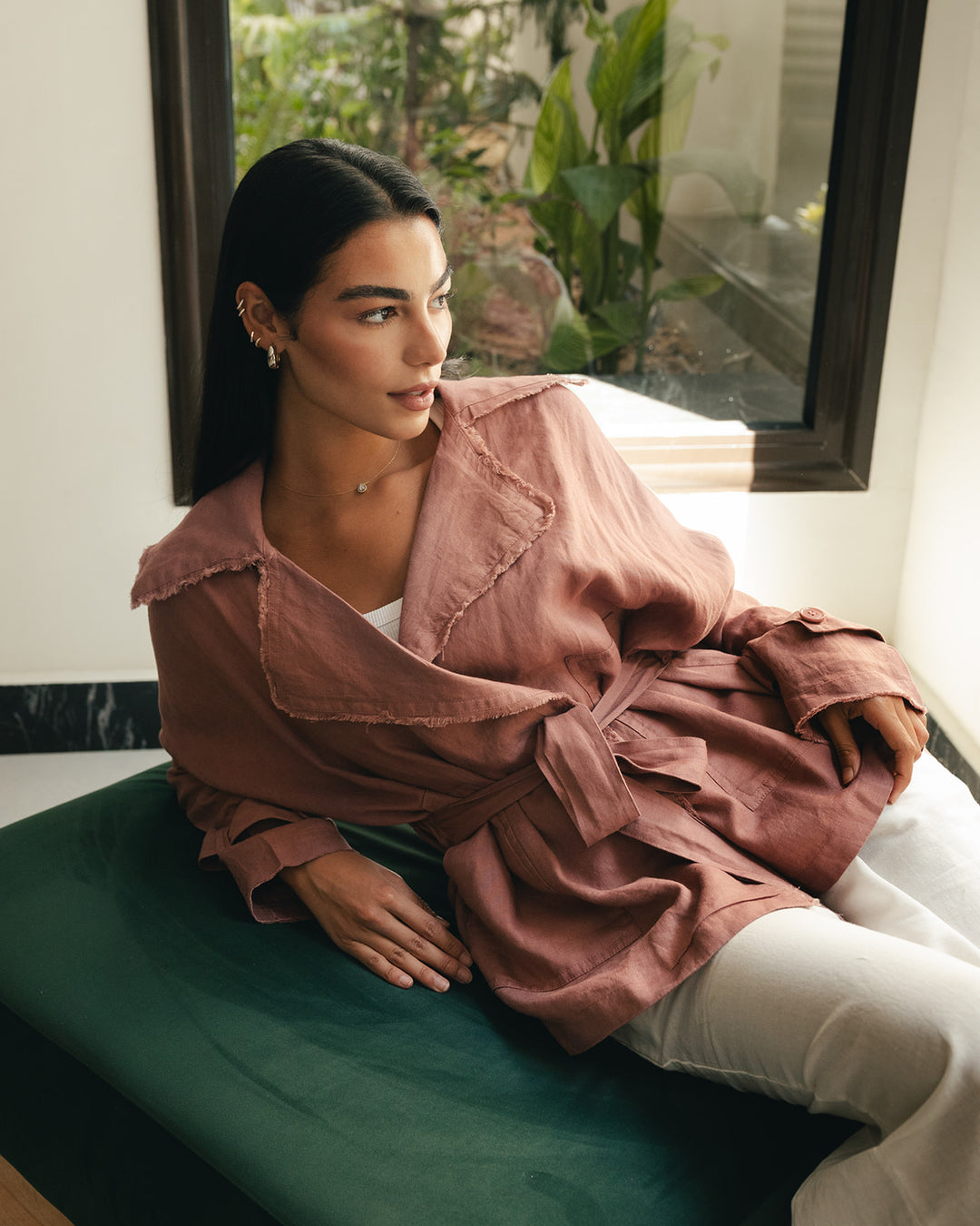 Raw linen cardigan in dusty rose