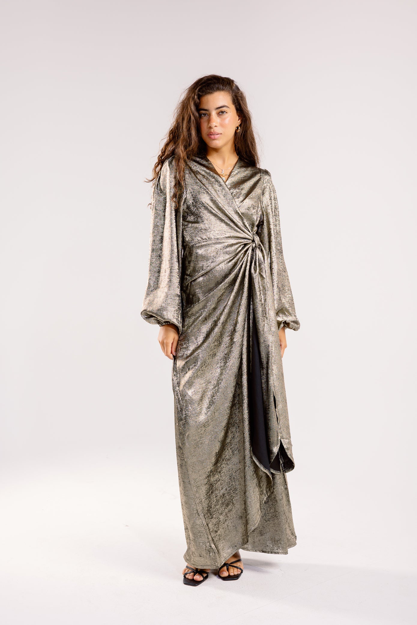 Shimmer Drape Gown in metalic-green