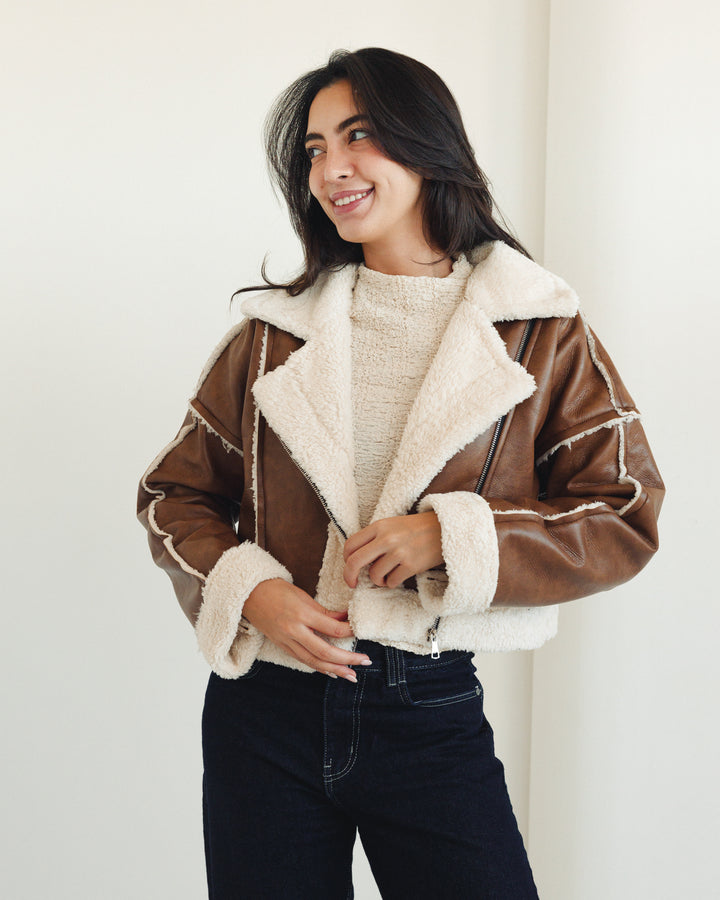 Cropped Shearling Leather Jacket in Brown