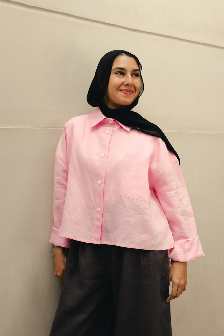 Hi-low hem linen shirt in pink