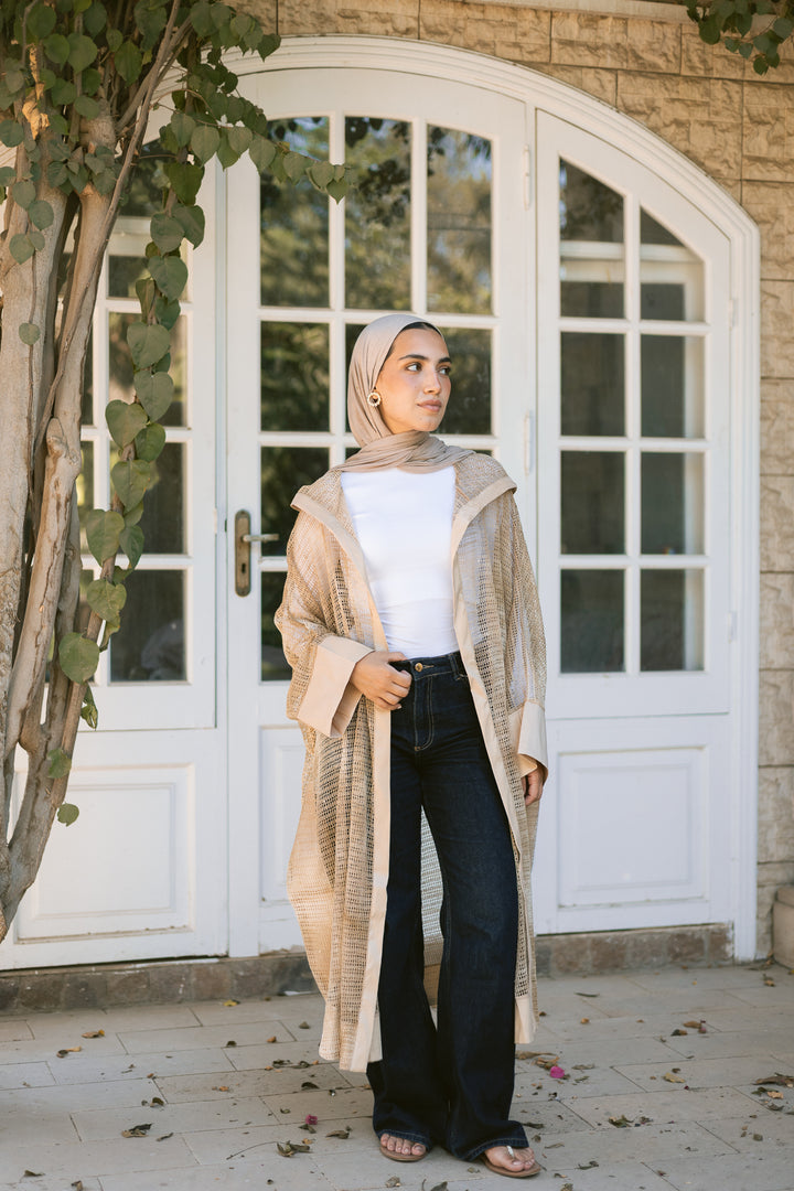 MeshXTaffeta Cardigan In Beige