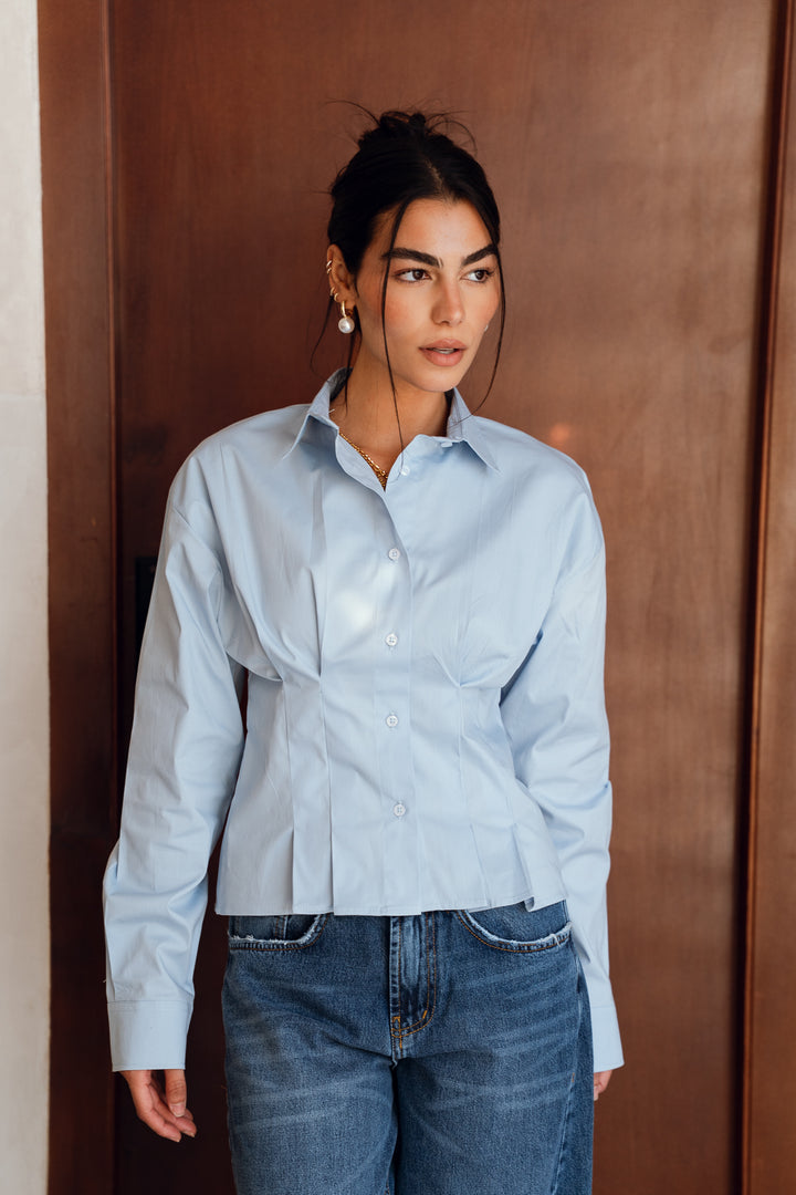 Popline flare shirt in light-blue