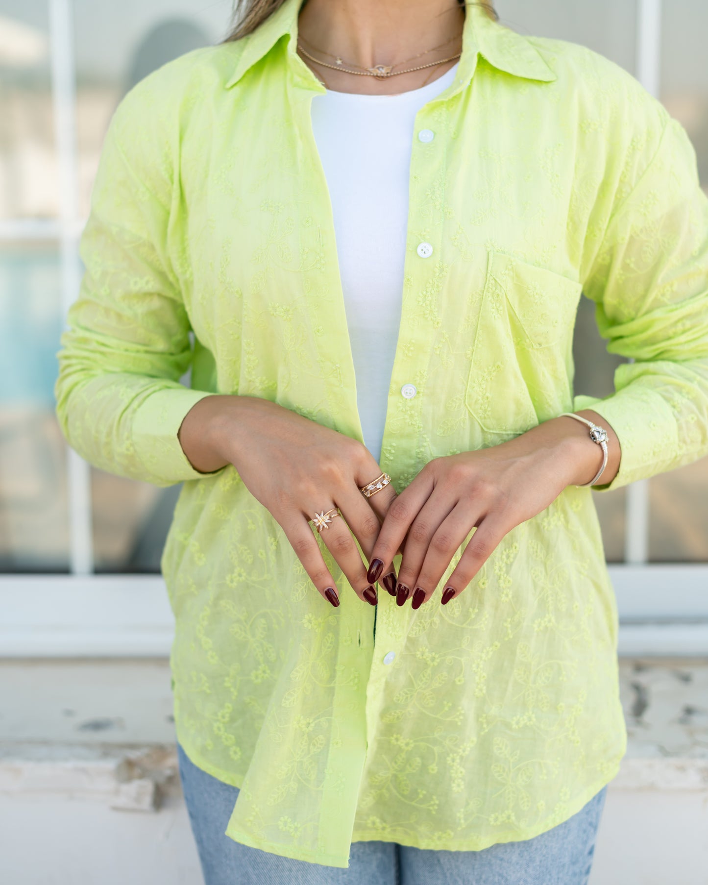 Linen embroidered shirt in lime green