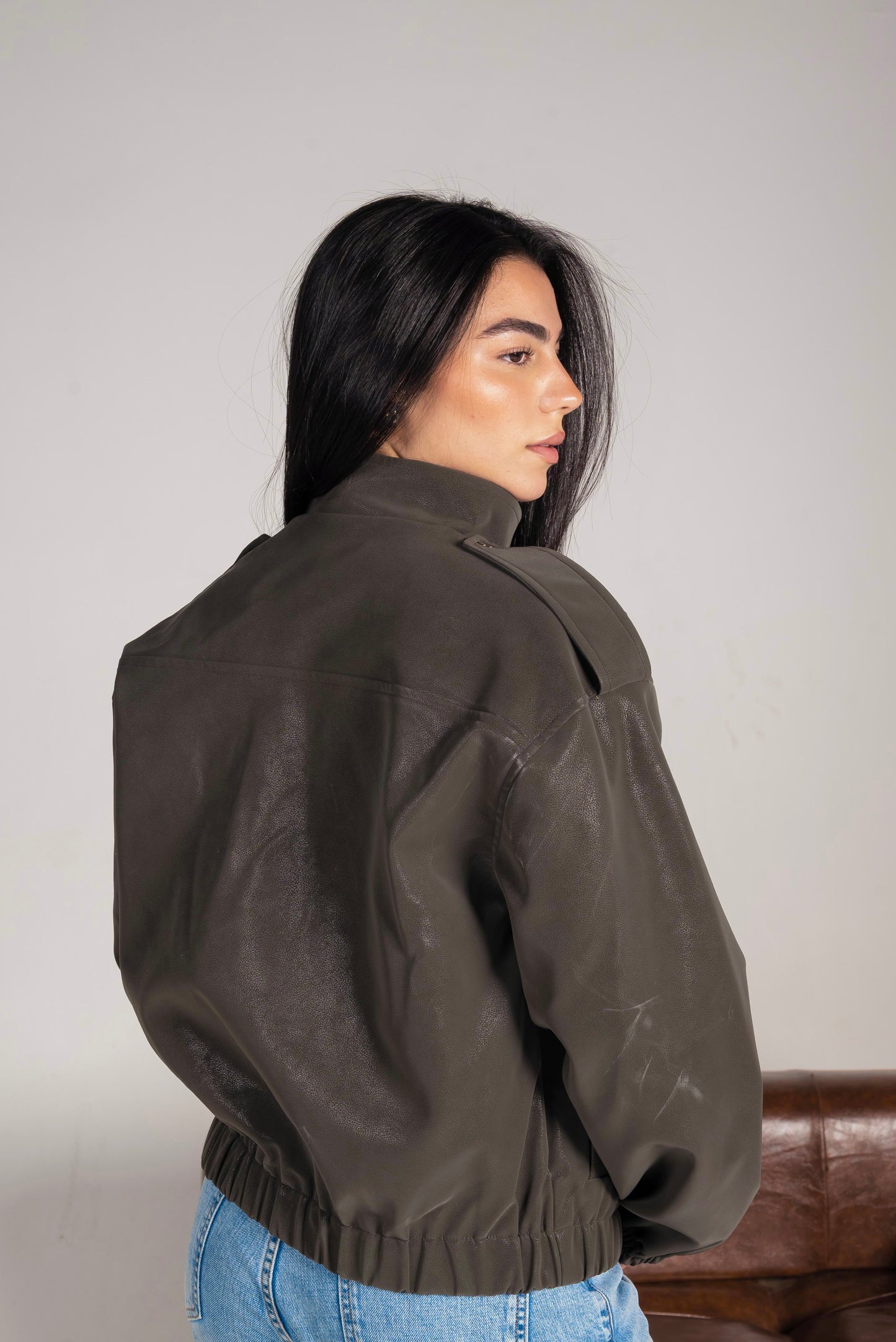 The Leather Bomber in Grey-Olive