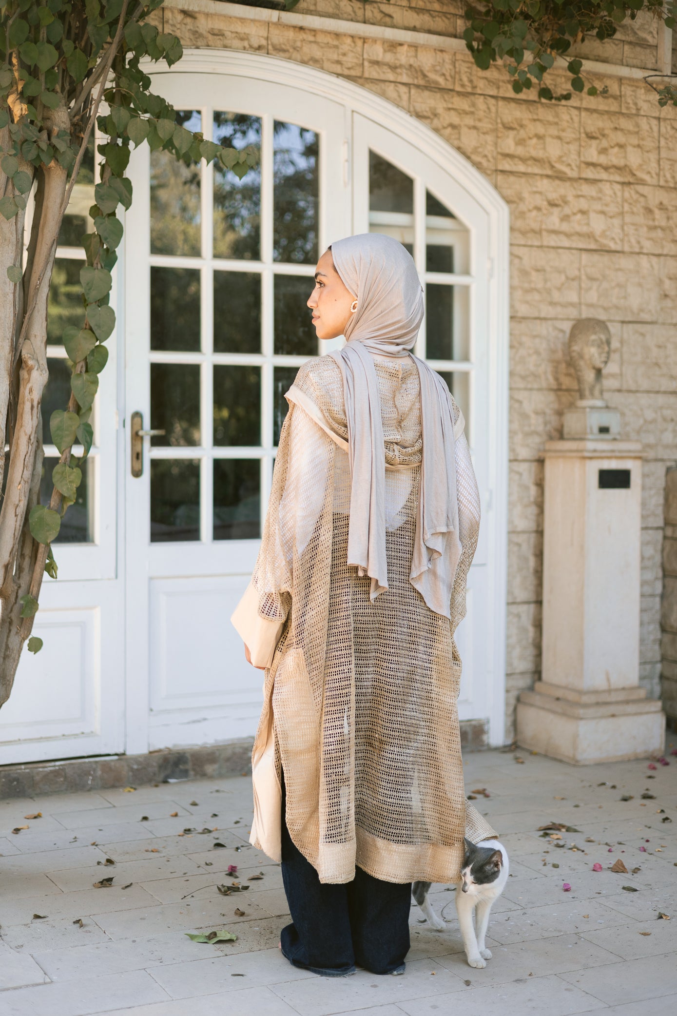 MeshXTaffeta cardigan in beige
