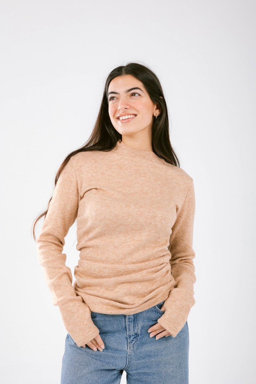 The Draped Soft Knit Top in Camel