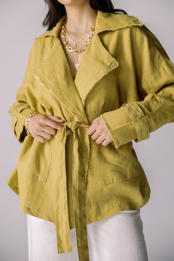 Raw linen cardigan in lime