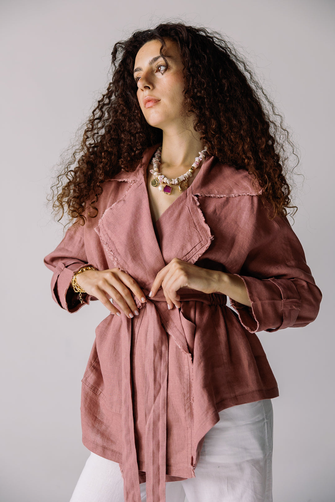 Raw linen cardigan in dusty rose