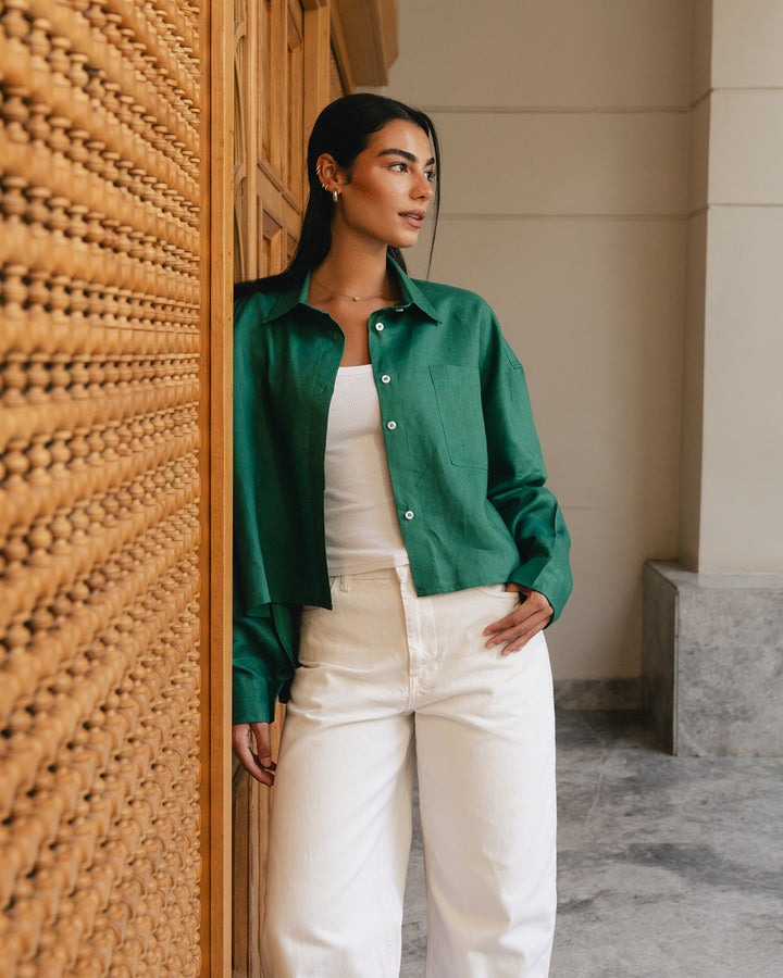 Hi-low hem linen shirt in green