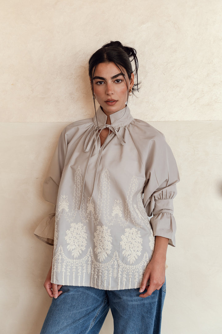 Ruffle Bloom Blouse in greige