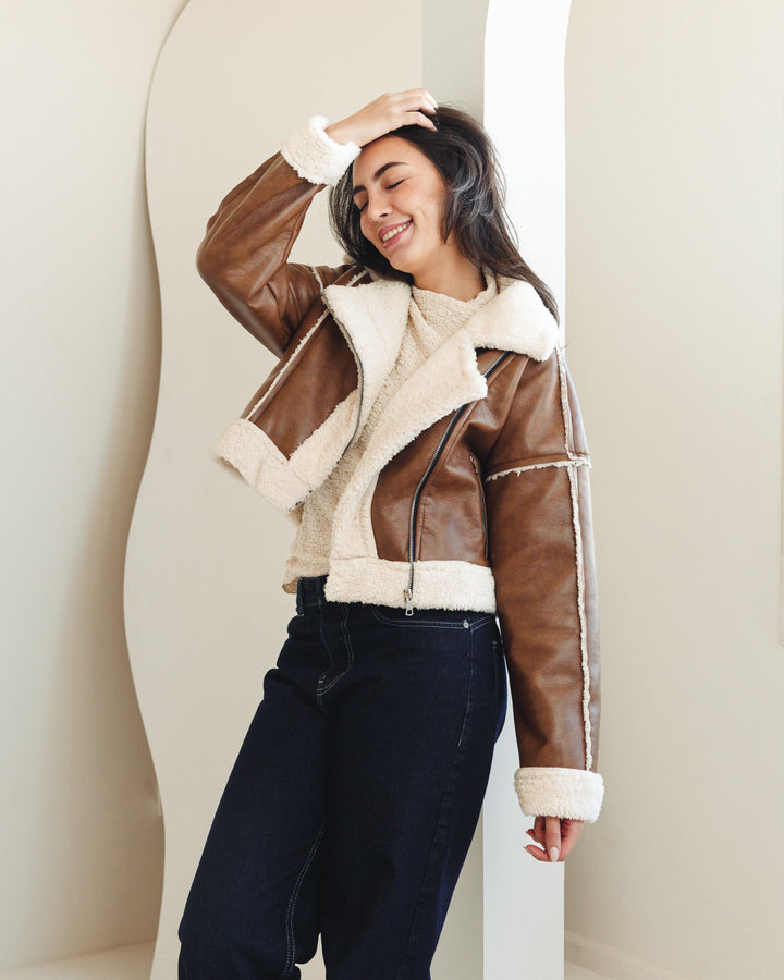 Cropped Shearling Leather Jacket in Brown