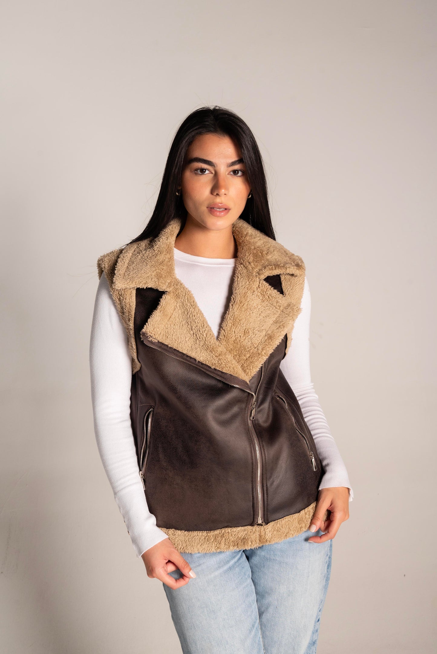 Faux Shearling Vest In Brown