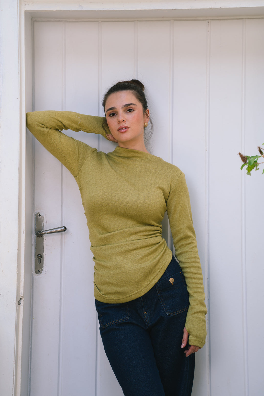 The Draped Soft Knit Top in lime