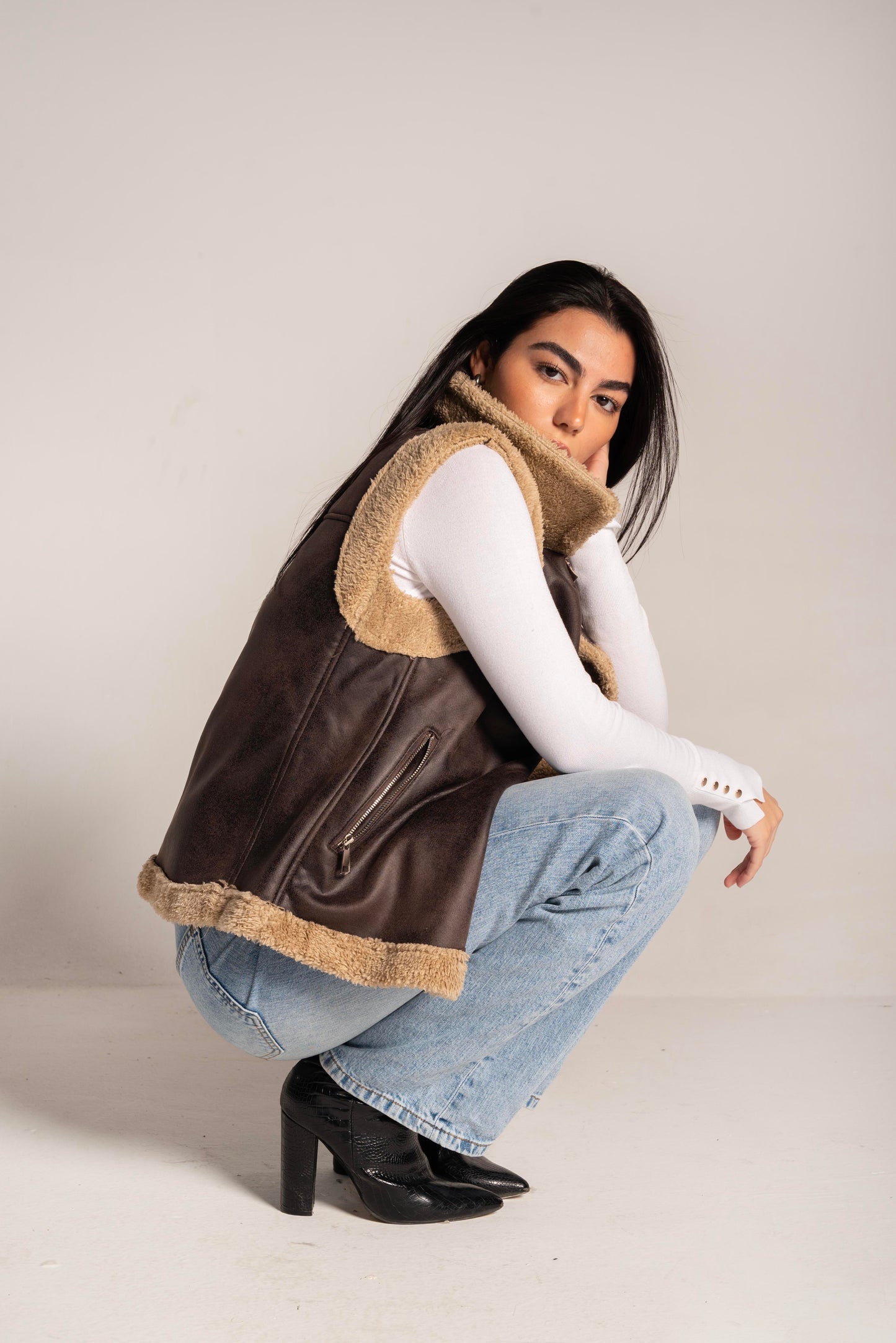 Faux Shearling Vest In Brown