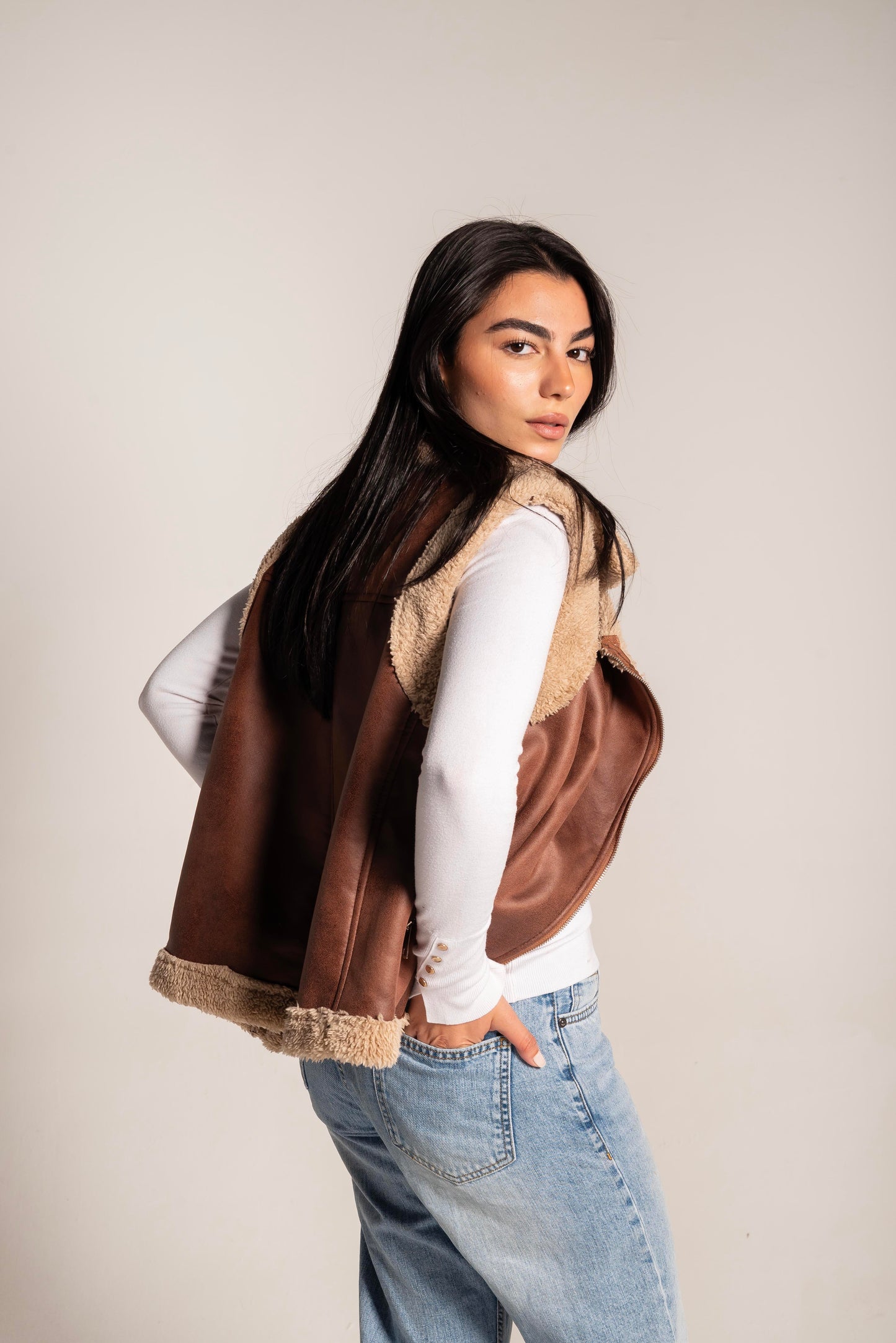 Faux Shearling Vest In Camel