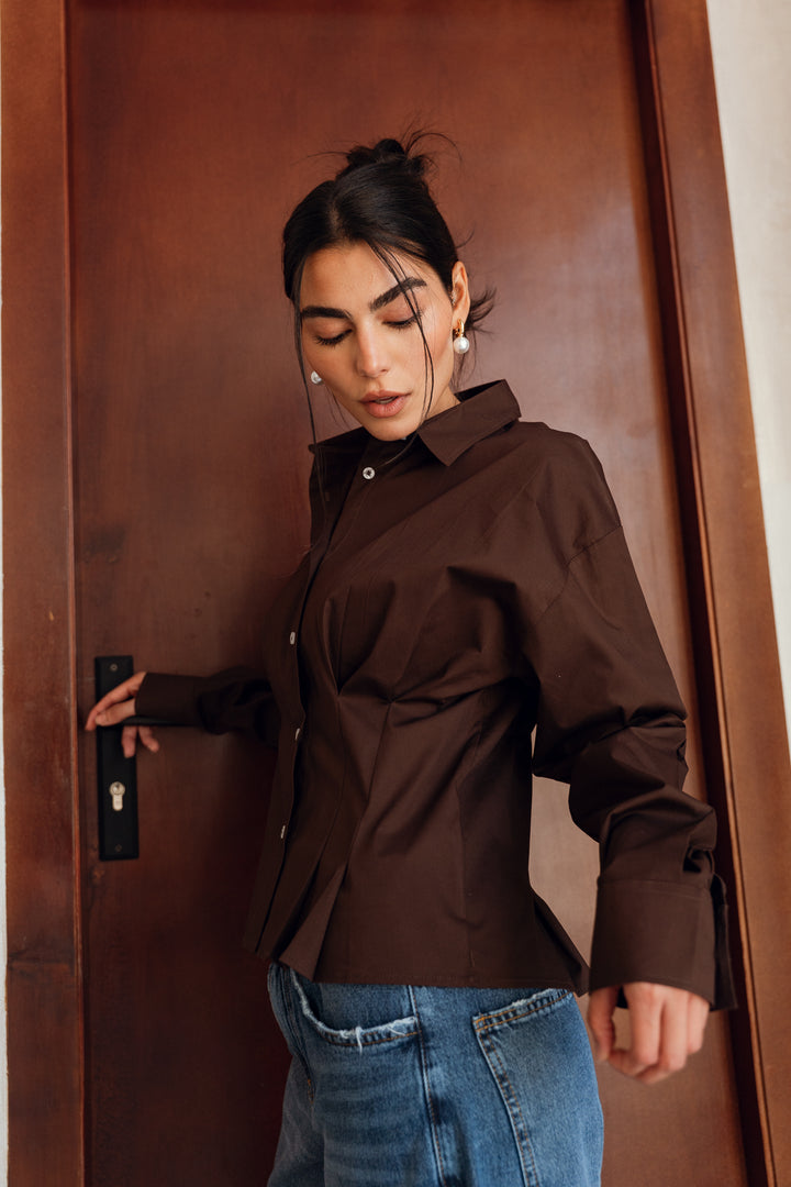 Popline flare shirt in brown