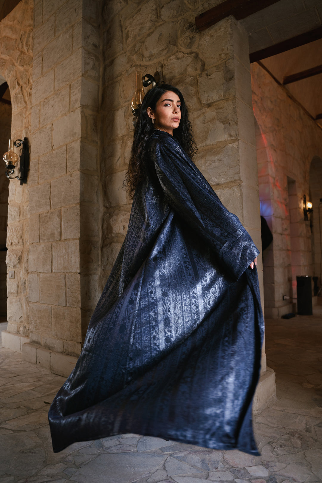 Textured Crepe Statement Cardigan in navy