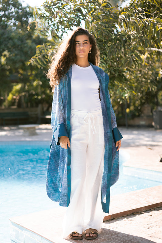 MeshXTaffeta cardigan in teal