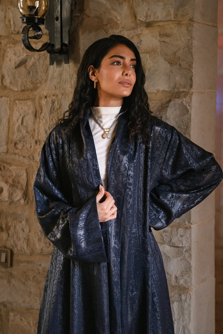 Textured Crepe Statement Cardigan in navy