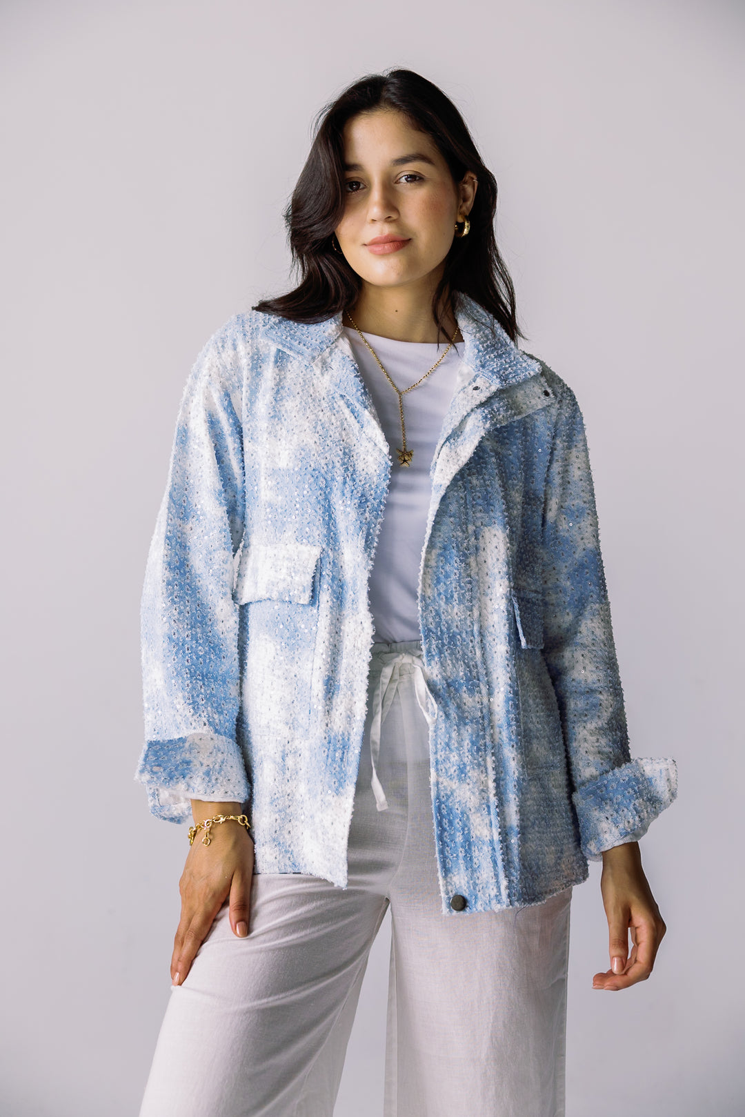 Tie-dye washed denim jacket in blue