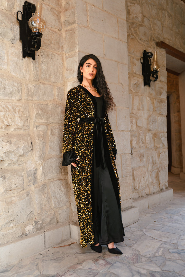 The Statement Velvet Cardigan – black X gold