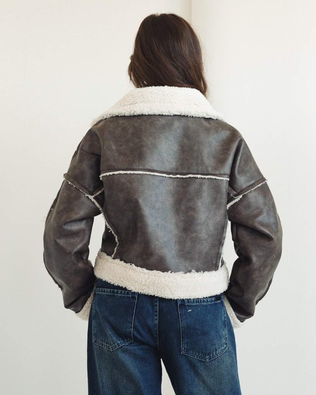 Cropped Shearling Leather Jacket in Greige