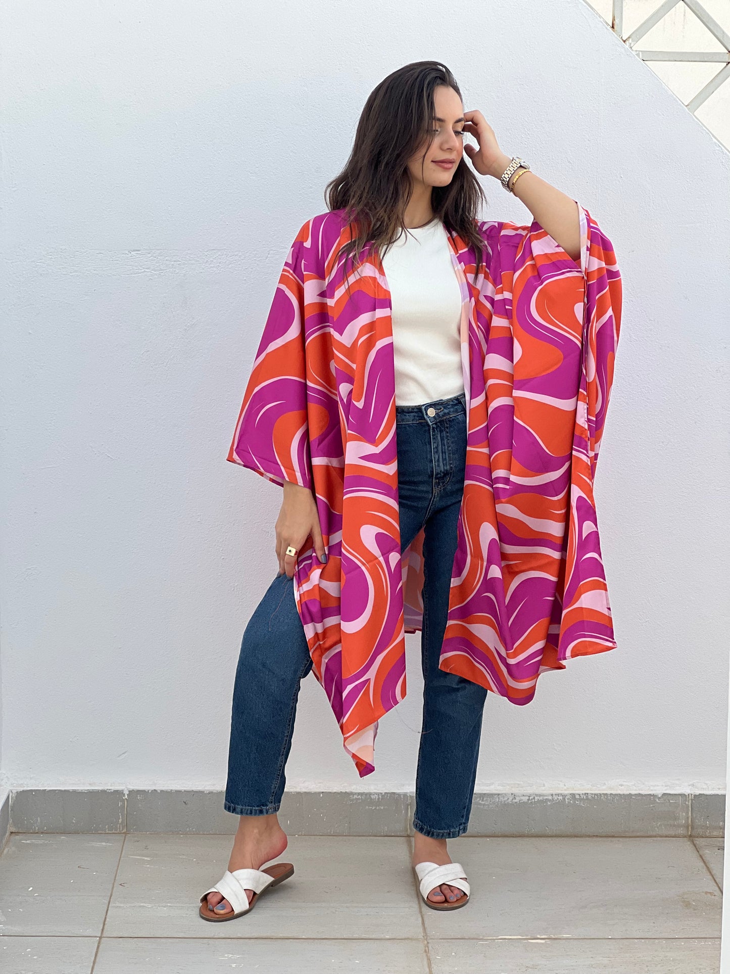 Printed satin kimono