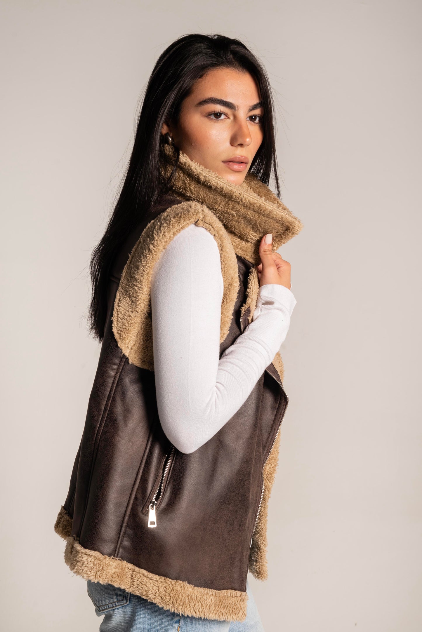 Faux Shearling Vest In Brown