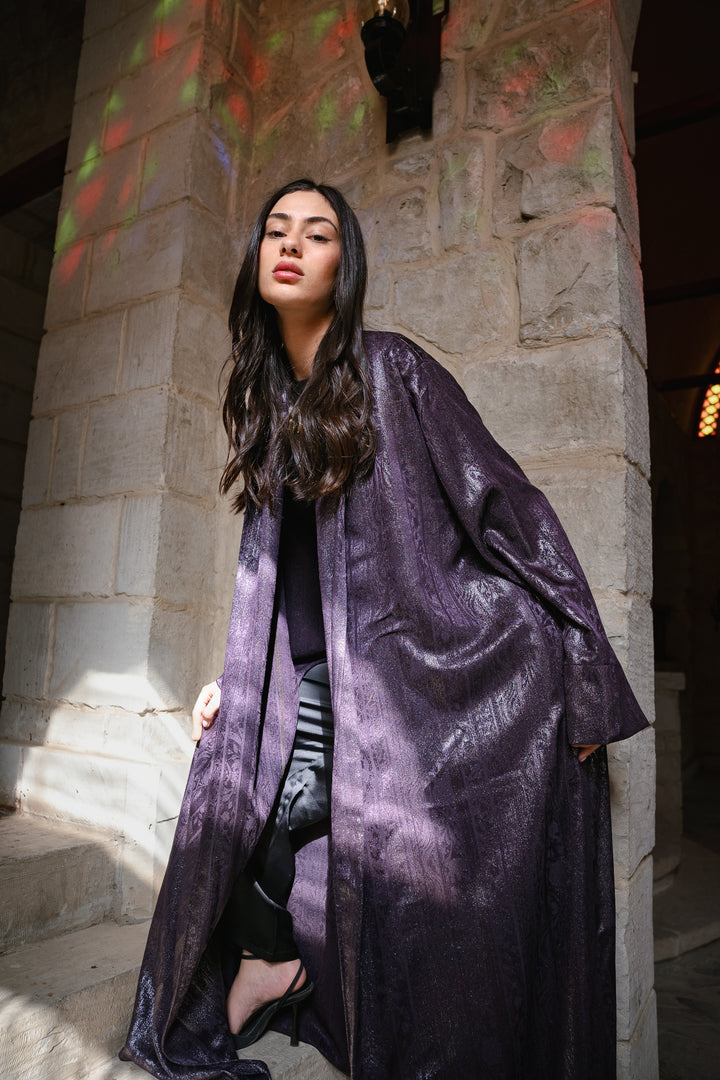 Textured Crepe Statement Cardigan in aubergine