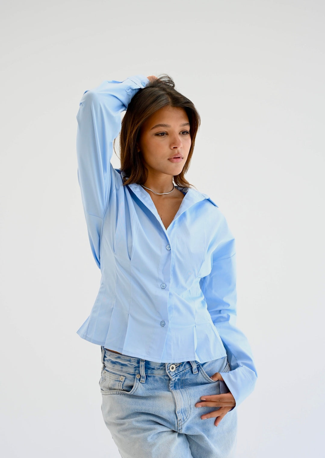 Popline flare shirt in light-blue