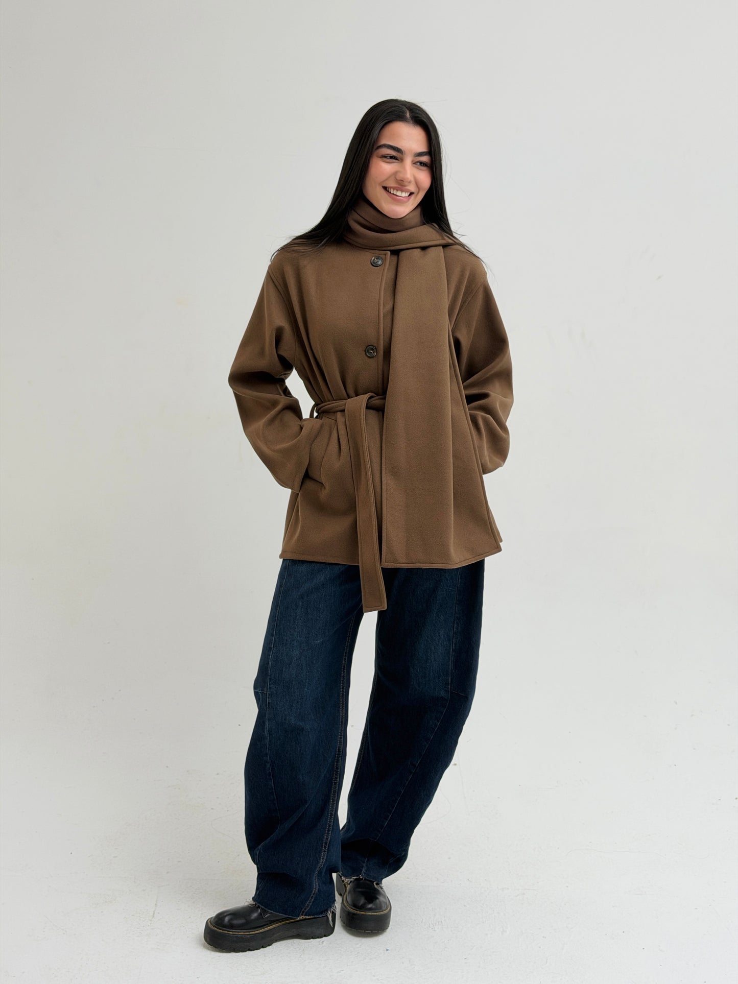 The shawl coat in brown