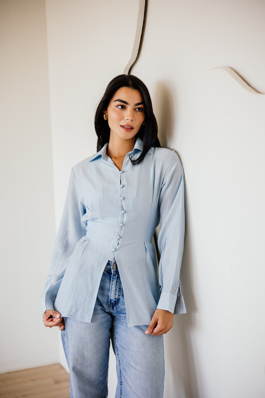 Corset draped shirt in light blue