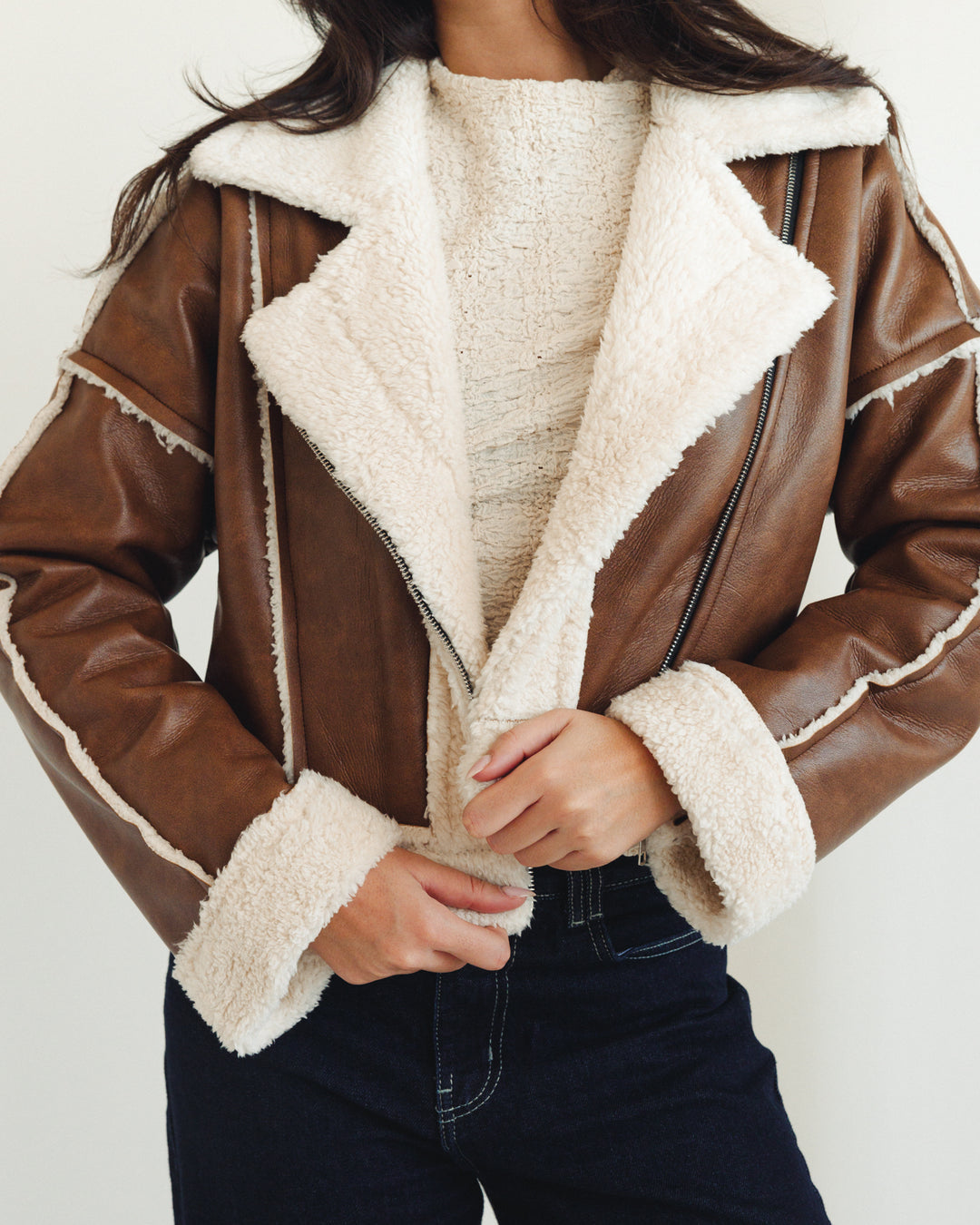 Cropped Shearling Leather Jacket in Brown