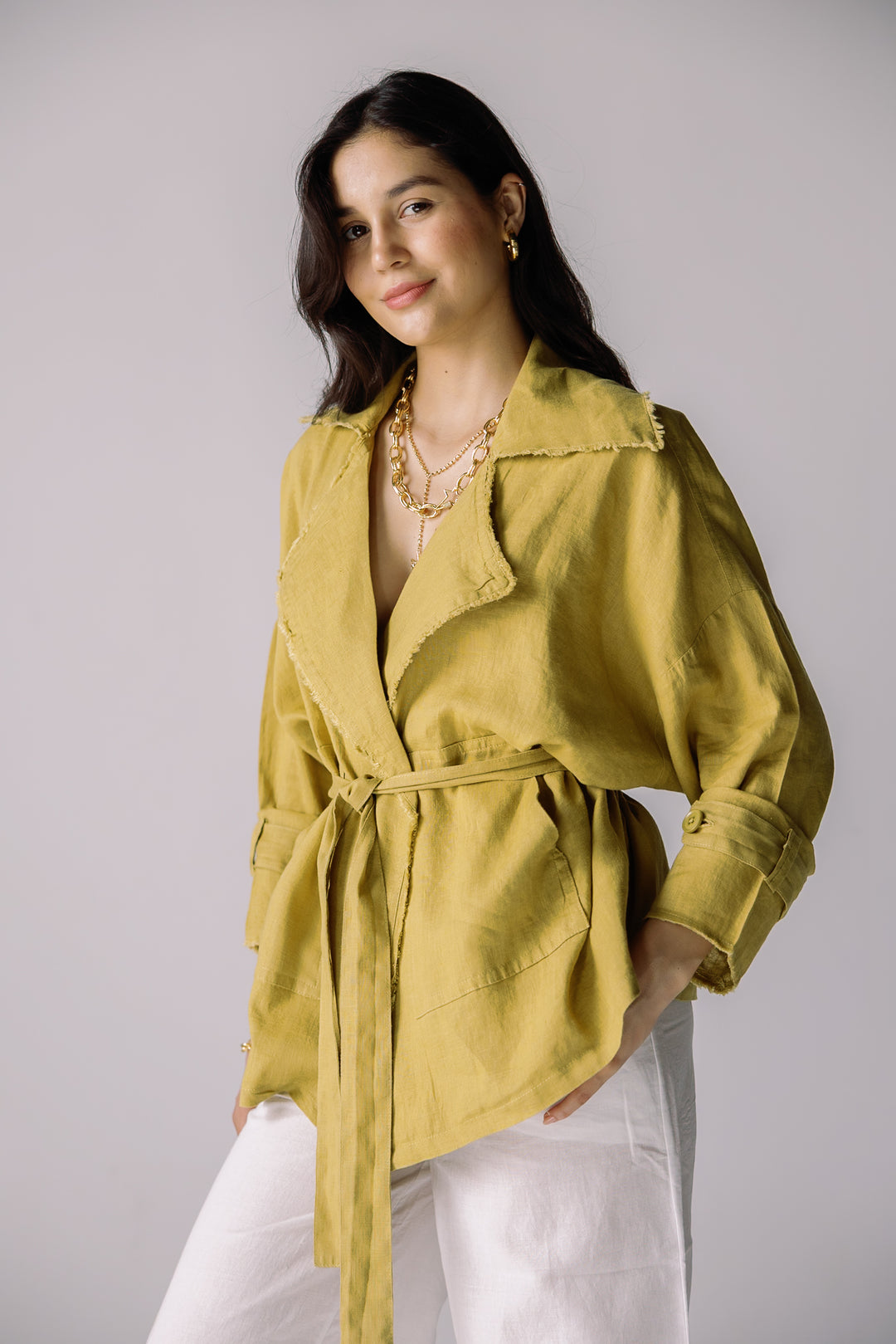 Raw linen cardigan in lime